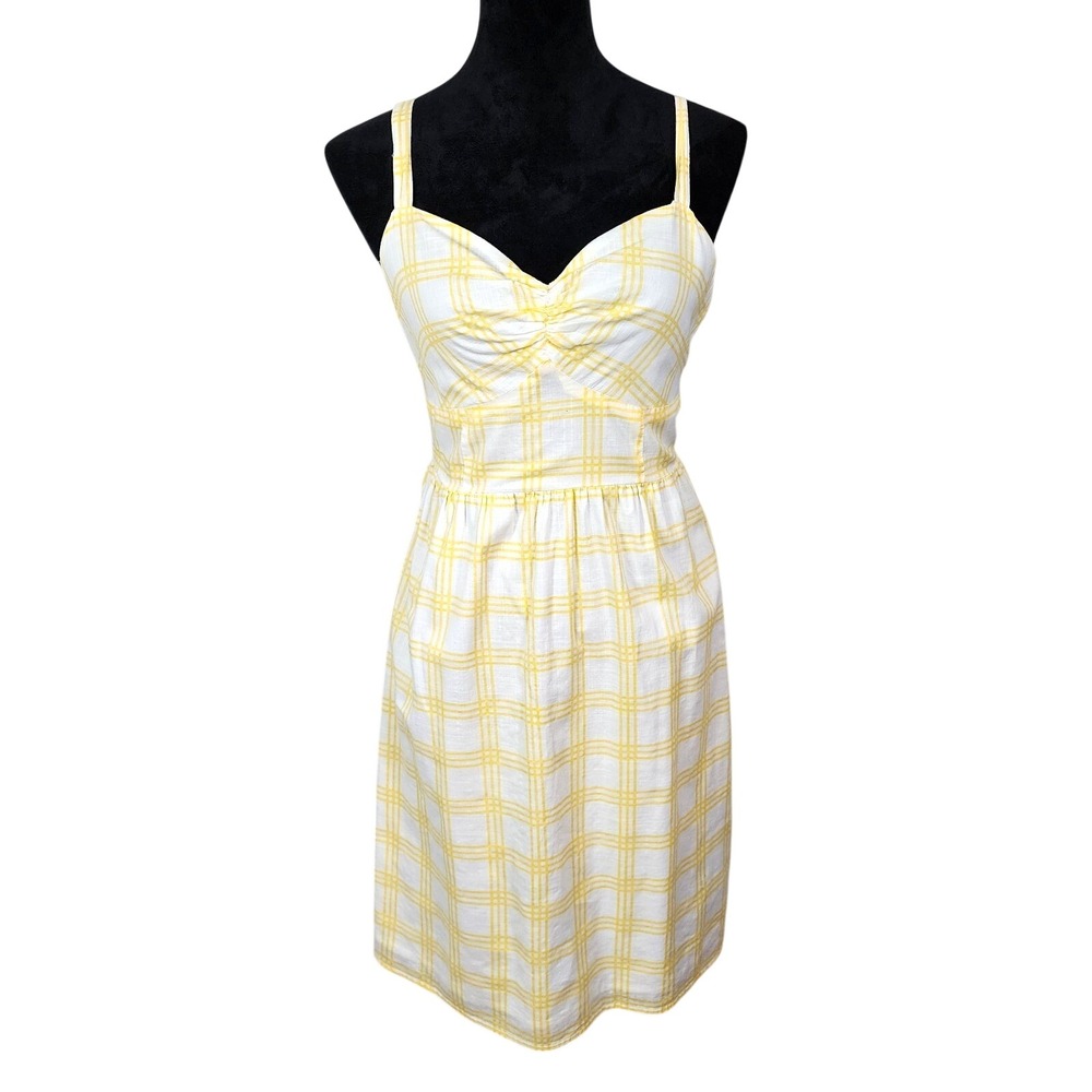 OLD NAVY Size 8 100% Cotton Sweetheart Smocked Yellow Plaid A-line Dress EUC